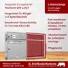 A stainless steel mailbox with a red frame indicating an insertable part, set against a wooden background. Produktbild-Vorschau