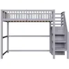 A gray wooden loft bed with stairs against a white background. Produktbild-Vorschau