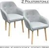 2 Stühle mit umlaufender Armlehne, Holzbeine und hellgrauem Stoff auf Rückenlehne, Sitzpolster und Armlehne