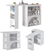 A collage of images showing a white bar table with shelves and an extendable top, including a small dog in a pet area. Produktbild-Vorschau
