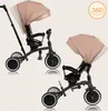 A collage of two images showing a beige children's tricycle from different angles, with a circular graphic indicating 360-degree rotation. Podgląd zdjęcia produktu