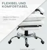 A white ergonomic office chair with a footrest is shown in a split image. The top half features text and a blurred office background, while the bottom half focuses on the chair's base and a 360-degree rotation graphic. Produktbild-Vorschau