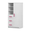A white children's bookshelf with pink handles and a pink door handle, shown against a white background. Produktbild-Vorschau
