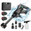A collection of items for a portable high-pressure washer, including the main unit, batteries, charger, storage case, and various nozzles, set against a backdrop of splashing water. Produktbild-Vorschau