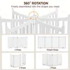 The image shows a white wooden pet gate, demonstrating its 360-degree rotation and various assembly shapes like Z, Straight, U, and I. Podgląd zdjęcia produktu