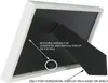 The back of a white picture frame is shown, with text and arrows indicating how to use the movable hanger for horizontal and vertical display, and a note about horizontal display on a desk or shelf. Náhled obrázku produktu