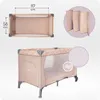 A collage of images showing a beige travel crib with dimensions and a folded view. Náhled obrázku produktu