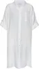 A white, collared, short-sleeved button-up shirt dress is laid flat against a white background.