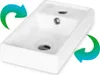 A white ceramic sink with two holes and a faucet, with green arrows indicating rotation on either side. Produktbild-Vorschau