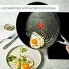 A frying pan with a fried egg and food on a plate, with a text overlay. Produktbild-Vorschau