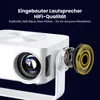 A close-up marketing image of a white mini projector with an exploded view of its speaker, highlighting its HiFi audio quality. Produktbild-Vorschau