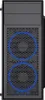Front view of a black computer tower with blue LED fans. Produktbild-Vorschau