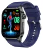A smartwatch with a blue strap is displayed against a white background. The watch face shows health tracking information.
