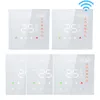 A collage of four smart thermostats, each displaying temperature and mode icons. Produktbild-Vorschau