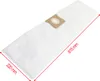 A white vacuum cleaner bag with a brown cardboard attachment is shown against a white background. Red lines indicate the dimensions of the bag. Produktbild-Vorschau