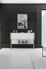 A modern white console table with silver accents is displayed against a dark slatted wall. Anteprima dell’immagine prodotto