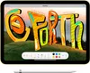 An iPad displaying a drawing application with the word "GO FORTH" written in colorful graffiti-style lettering. The background shows a landscape with hills and trees. Produktbild-Vorschau
