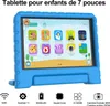 A blue tablet for children is displayed on a white background, showcasing its screen with various app icons and featuring icons at the bottom detailing its specifications. Produktbild-Vorschau