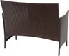 Rear view of a brown poly-rattan garden bench with cream cushions. Náhled obrázku produktu