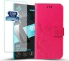 A pink flip cover phone case with floral and butterfly embossing, shown next to a screen protector. Produktbild-Vorschau