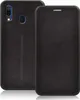 A black leather flip case for a smartphone is shown from the front and back. Produktbild-Vorschau
