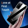 A hand holding a clear phone case with a Samsung phone inside, against a blue and black gradient background with text overlays. Produktbild-Vorschau