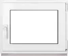 A white window frame with a clear glass pane, set against a white background. Produktbild-Vorschau