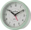 A close-up, studio shot of a round, green and white alarm clock with black hands and a red second hand. Produktbild-Vorschau