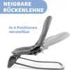 A grey baby bouncer chair shown in profile, with text overlays highlighting its features. Produktbild-Vorschau