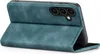 A teal flip case for a smartphone is shown from a diagonal angle, with the front cover open and folded back. Produktbild-Vorschau
