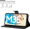 A black phone case is shown open, displaying a smartphone screen with the text 'M35 5G' on it. The case is designed to function as a stand, and diagrams illustrating this feature are visible in the top left corner. Produktbild-Vorschau