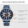 An image of a blue and gold men's watch with instructional text explaining the function of its buttons and dials. Produktbild-Vorschau