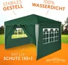 A green pop-up tent with white trim and windows is shown outdoors on a grassy area with an orange foreground. Produktbild-Vorschau