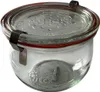 A clear, well-lit studio shot of a glass jar with a red rubber seal and metal clasps. Produktbild-Vorschau