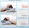A woman sleeping on a pillow, with diagrams illustrating the pillow's benefits. Produktbild-Vorschau