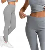 A split image showing a woman wearing grey ribbed leggings and a matching crop top, with a close-up of the leggings' waistband.
