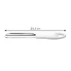 A white-handled peeler with a silver blade is shown horizontally against a white background, with a measurement line indicating its length. Voir les images du produit