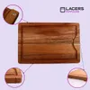 A wooden cutting board with close-up views of its features and a brand logo. Produktbild-Vorschau