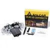 A product shot of a solar LED string light set, including the packaging, string lights, solar panel, remote control, and instructions. Produktbild-Vorschau