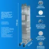A folded aluminum ladder is shown with various measurements and feature callouts. Podgląd zdjęcia produktu