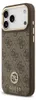 A close-up side view of a brown phone case with a repeating Guess logo pattern and gold accents around the camera module. Anteprima dell’immagine prodotto