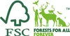 A logo and marketing graphic for FSC (Forest Stewardship Council) with the slogan 'FORESTS FOR ALL FOREVER'. The graphic depicts people and various animals interacting with nature. Produktbild-Vorschau