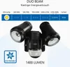 A product image featuring a black LED outdoor wall light with a motion sensor, accompanied by a chart detailing its specifications and an eco-friendly badge. Produktbild-Vorschau