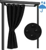 A black outdoor curtain hanging from a metal frame, with a close-up inset showing water droplets on the fabric. Anteprima dell’immagine prodotto