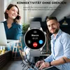 A collage showing a woman on a phone and a man using a laptop, with a smartwatch prominently displayed. Produktbild-Vorschau