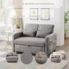 A grey sofa bed is shown in a living room setting, with decorative elements and text overlays highlighting product features. Produktbild-Vorschau