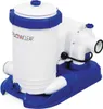 A white and blue swimming pool filter pump is shown against a white background. Voir les images du produit