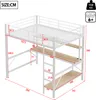 A diagram showing the dimensions of a loft bed with a desk and shelves. Produktbild-Vorschau