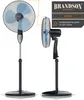 Two views of a black stand fan are shown, with diagrams indicating its size and adjustability. A brand logo is also visible. Produktbild-Vorschau