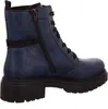 A side view of a blue boot with black laces and sole. Voir les images du produit